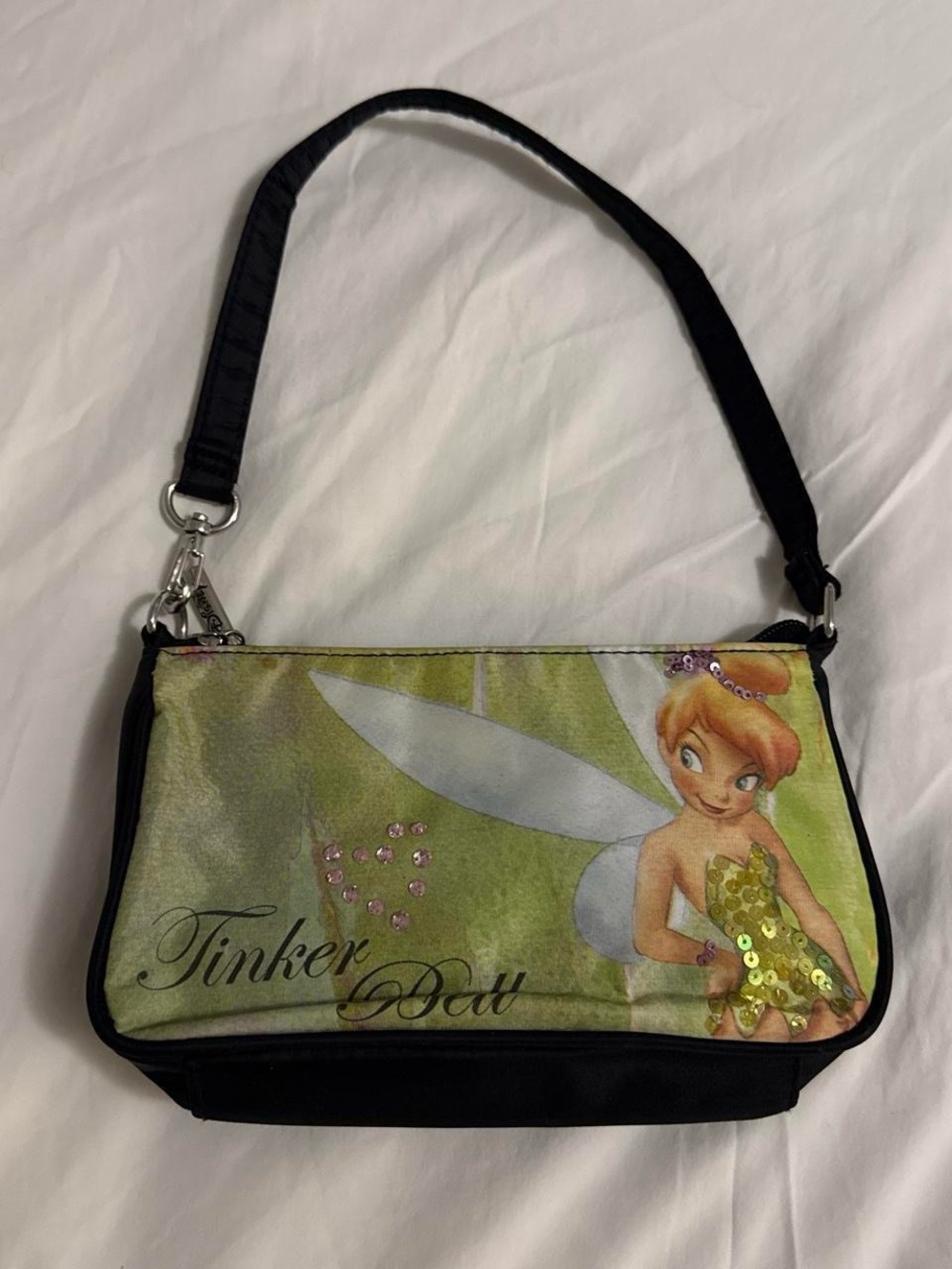 Disney Tinker Bell Green Sequin Crossbody Bag with Black Strap